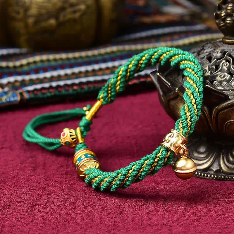 Buddha Stones Tibetan Handmade Luck Protection Thangka Prayer Wheel Bell Charm Braid String Bracelet