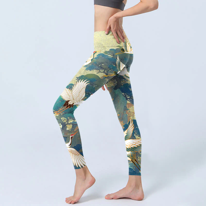 Buddha Stones Blue Red-crowned Crane Pine Tree Print Gym Leggings Women's Yoga Pants
