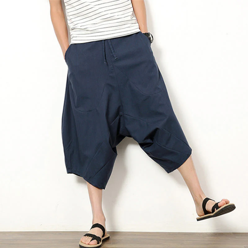 Buddha Stones Spring Plain Simple Patchwork Design Drawstring Cotton Linen Men's 7-8 Length Wide Leg Pants With Pockets