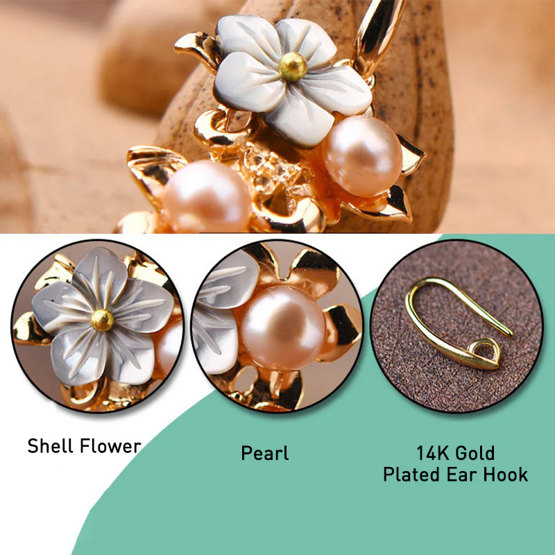 Buddha Stones 14K Gold Plated Tridacna Stone Flower Pearl Green Aventurine Bead Drop Earrings