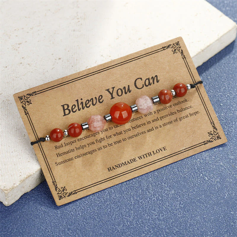 Buddha Stones Believe You Can Carnelian Red Jasper Hematite Sun Stone Positive Bracelet