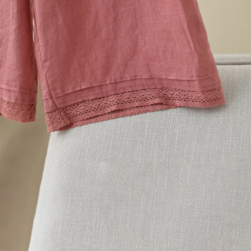 Buddha Stones Commute Retro Plain Lace Patchwork Design 7-8 Length Women's Wide Leg Cotton Pants With Pockets