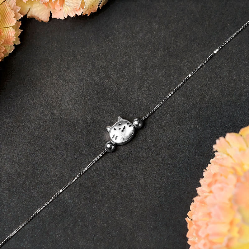 Buddha Stones 925 Sterling Silver Mini Cat Blessing Chain Bracelet