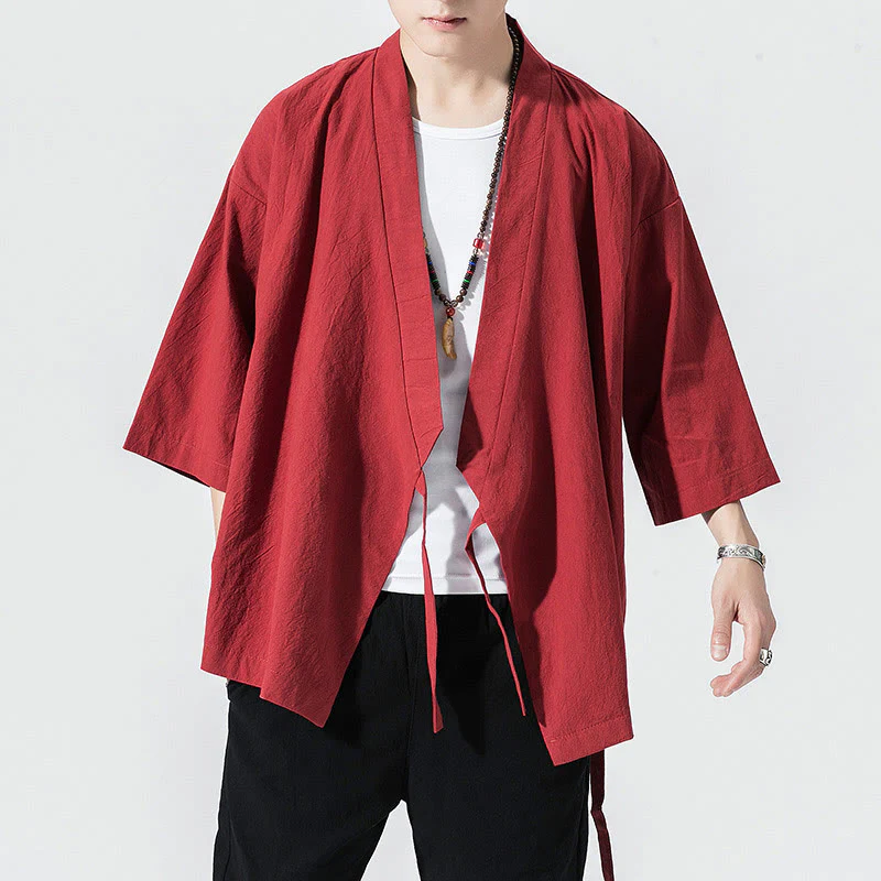 Buddha Stones Casual Plain Tang Suit Open Front Jacket Cotton Linen Men's Kimono