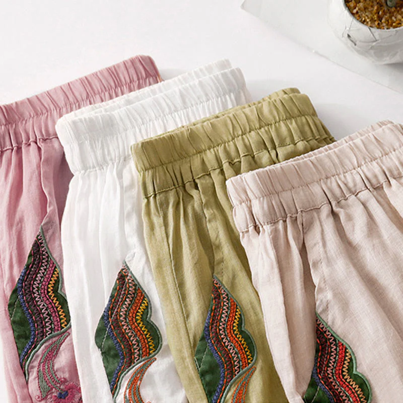 Buddha Stones Casual Flower Embroidery Women's Cotton Linen Elastic Waist  Wide Leg Pants With Pockets