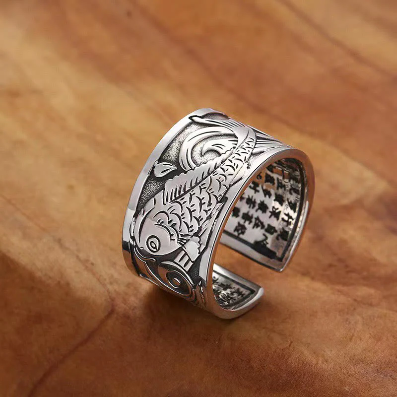 Buddha Stones Koi Fish Heart Sutra Carved Design Luck Wealth Ring