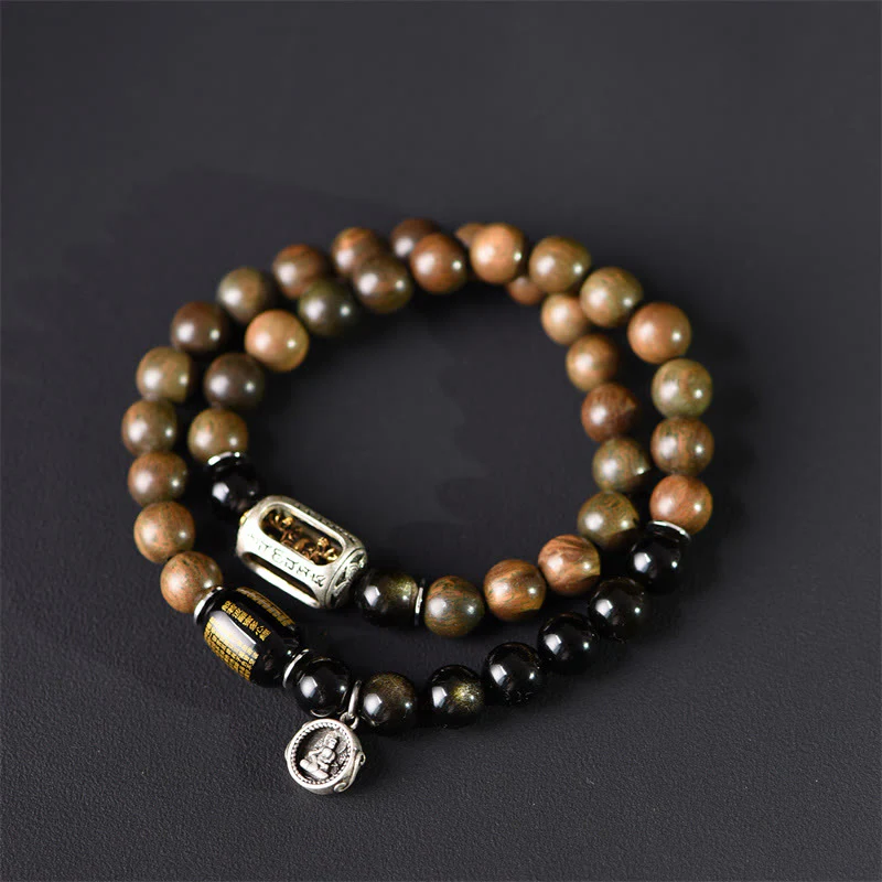 Buddha Stones Tibetan Green Sandalwood Gold Sheen Obsidian Balance Peace Double Wrap Bracelet