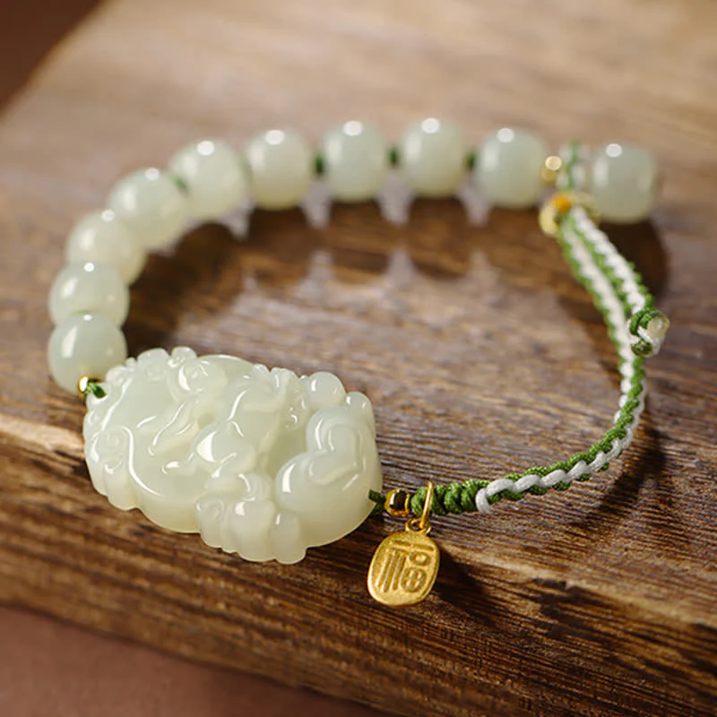 Buddha Stones 925 Sterling Silver Chinese Zodiac Hetian Jade Happiness Luck String Bracelet
