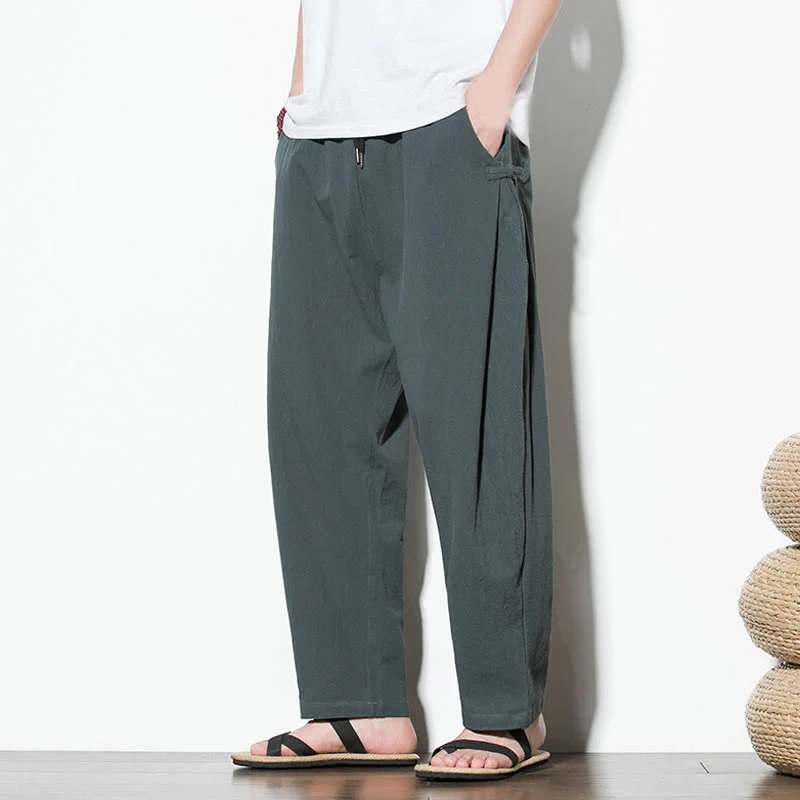 Buddha Stones Summer Side Frog-Button Design Men's Cotton Linen Pants With Pockets