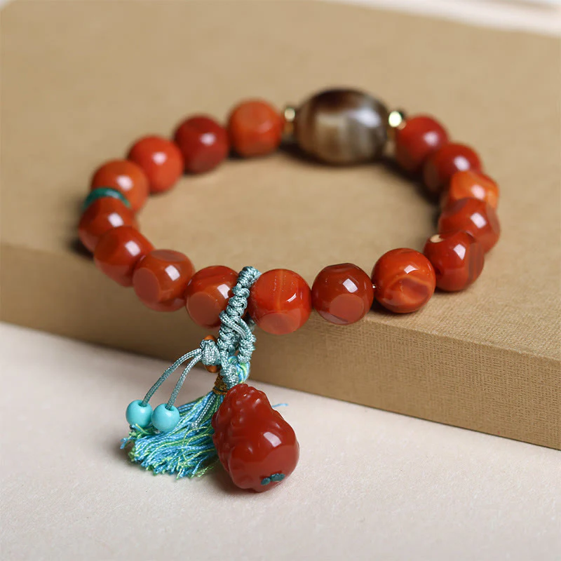 Buddha Stones Natural South Red Agate Pixiu Dzi Bead Fortune Luck Bracelet