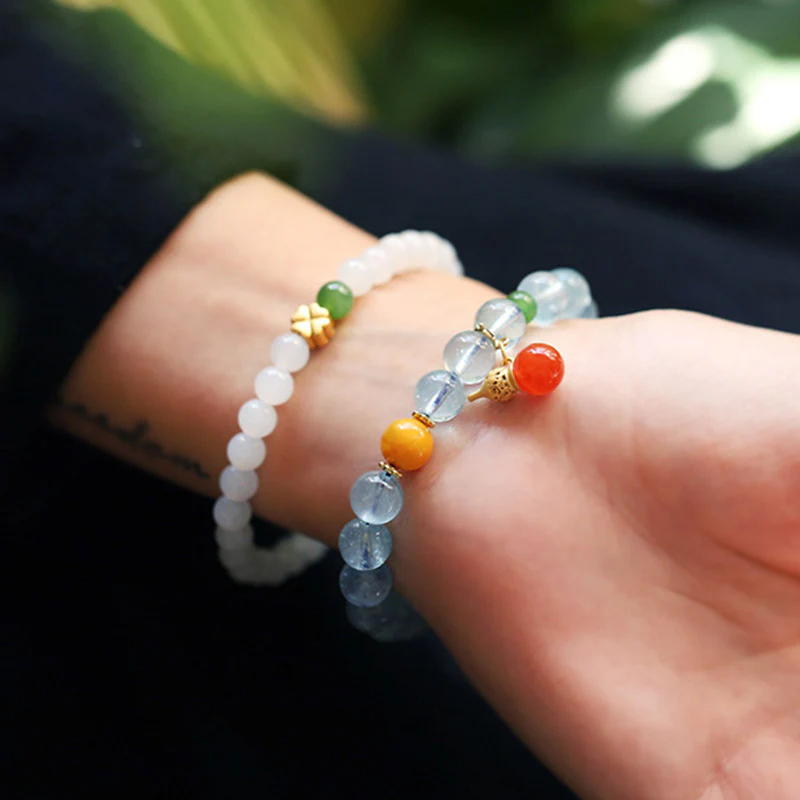 Buddha Stones Aquamarine Red Agate Peace Gourd Charm Bracelet