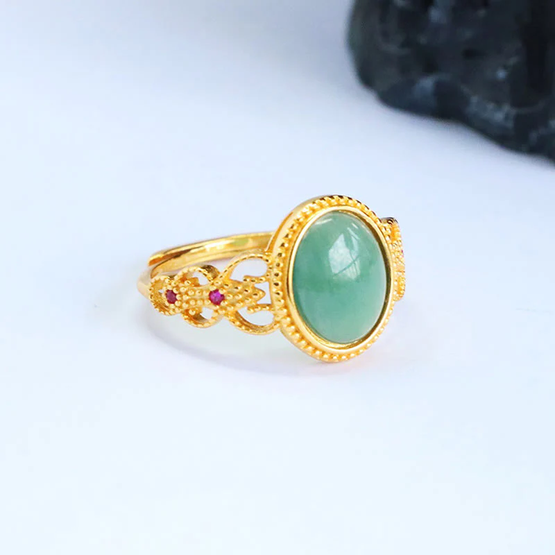 Buddha Stones Natural 925 Sterling Silver Plated Gold Hollow Design Jade Luck Ring