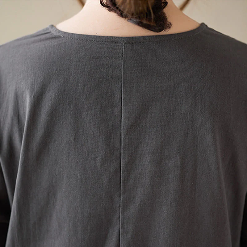 Buddha Stones Casual Plain Crew Neck Cotton Linen Midi Dress With Pockets