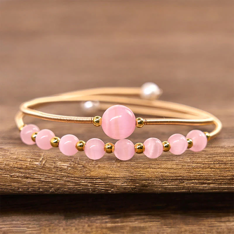 Buddha Stones 14K Gold Filled Copper Pink Cat Eye Support Metal Cuff Bracelet Bangle