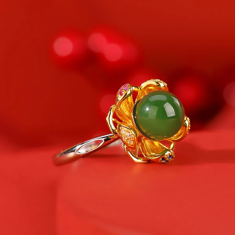 Buddha Stones 925 Sterling Silver White Jade Cyan Jade Lotus Flower Success Ring