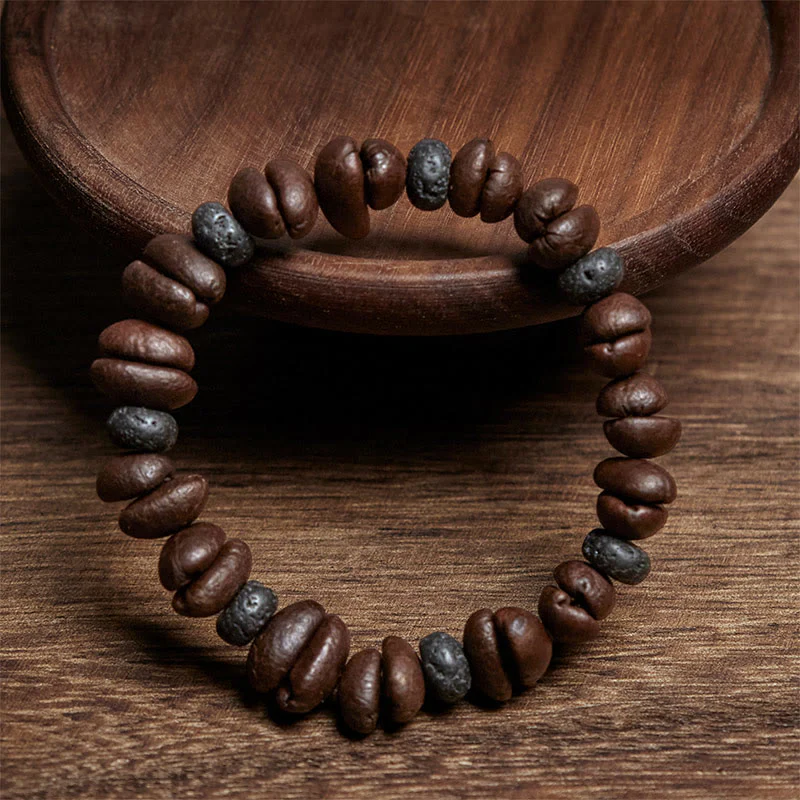 Buddha Stones Natural Coffee Beans Tiger Eye Grey Jasper Lava Rock Beads Bracelet