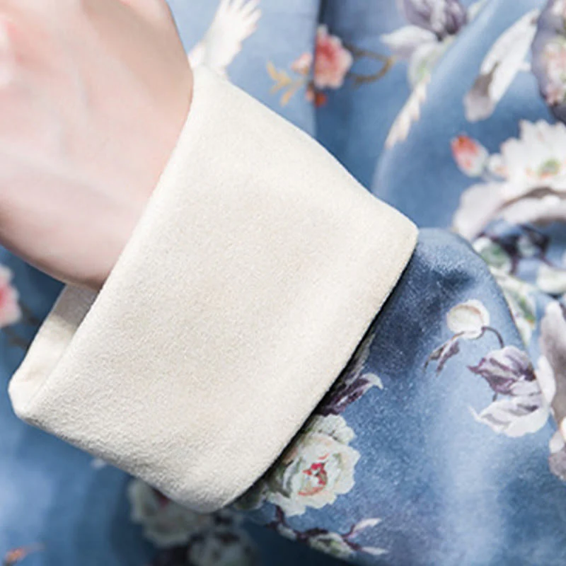 Buddha Stones Chinese New Year Clothes Flowers Fan Birds Frog-button Tang Suit Cotton Men's Jacket Shirt With Pockets