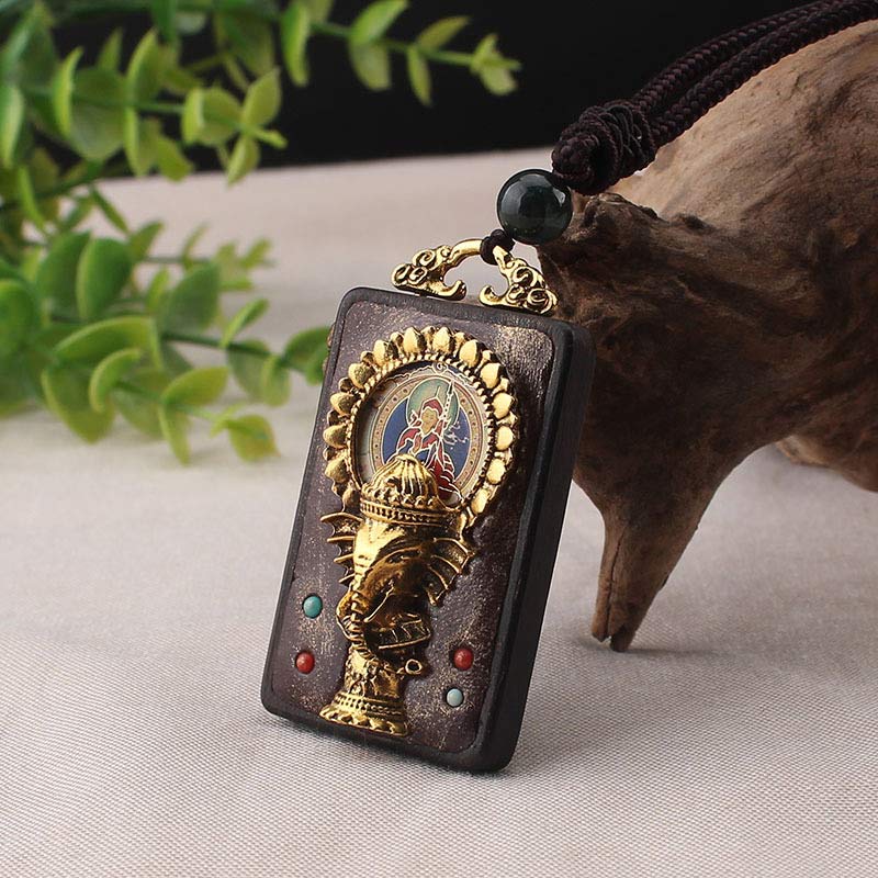 Buddha Stones Ebony Wood Elephant God of Fortune Buddha Blessing Necklace String Pendant