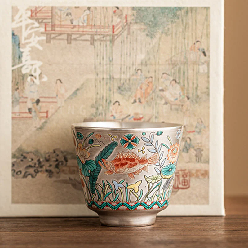 Buddha Stones Fish Lotus Seaweed Teacup Kung Fu Tea Cup 45ml With Gift Box