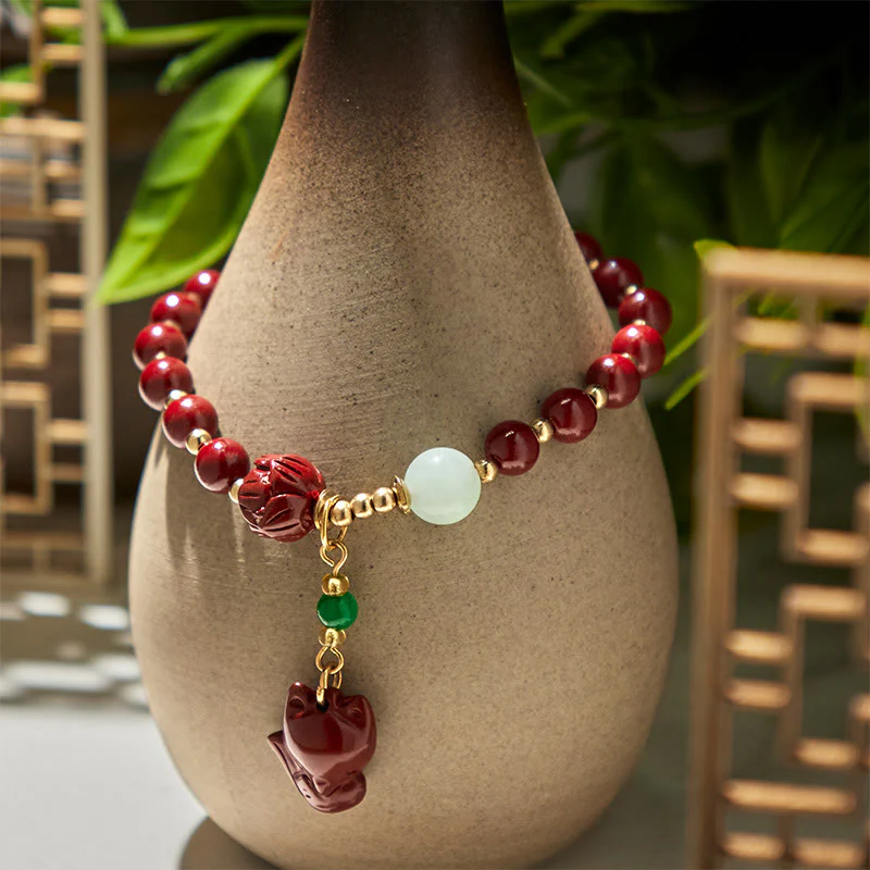 Buddha Stones Cinnabar Lotus Cute Fox Charm Blessing Bracelet