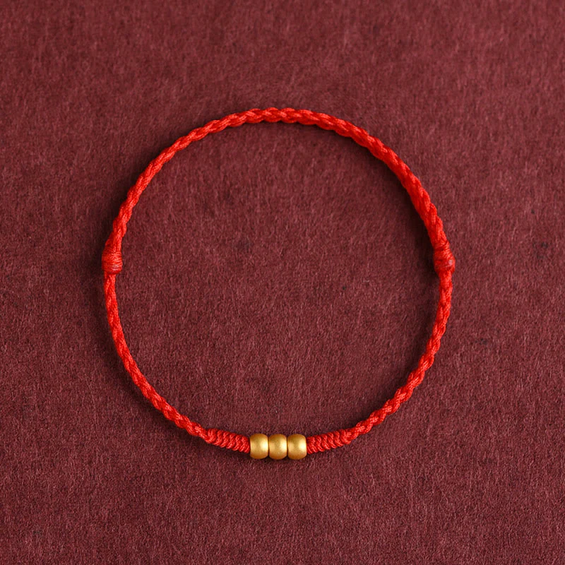 Buddha Stones 999 Gold Mini Three Beads Design Handmade Luck Rope Bracelet Anklet