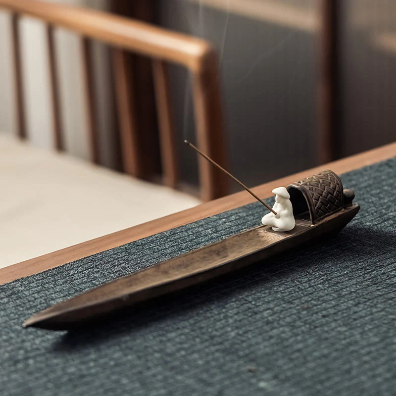 Buddha Stones Fisherman Zen Healing Brown Ceramic Stick Incense Burner Decoration