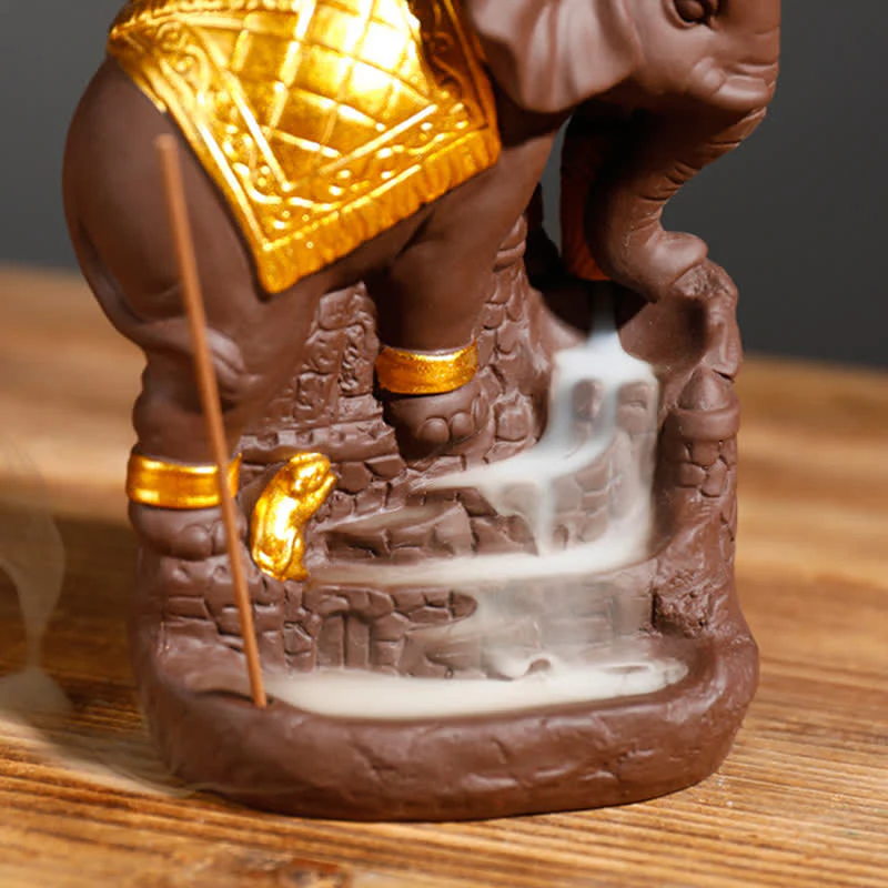 Buddha Stones Tibetan Elephant Purple Clay Backflow Smoke Fountain Peace Healing Incense Burner Decoration