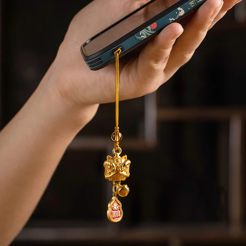 Buddha Stones Dancing Lion Auspicious Ruyi Safe Peace Rich Copper Wealth Phone Hanging Decoration