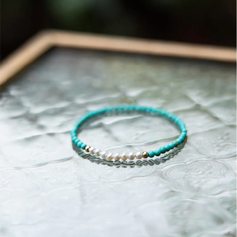 Buddha Stones 925 Sterling Silver Natural Turquoise Pearl Beaded Bracelet