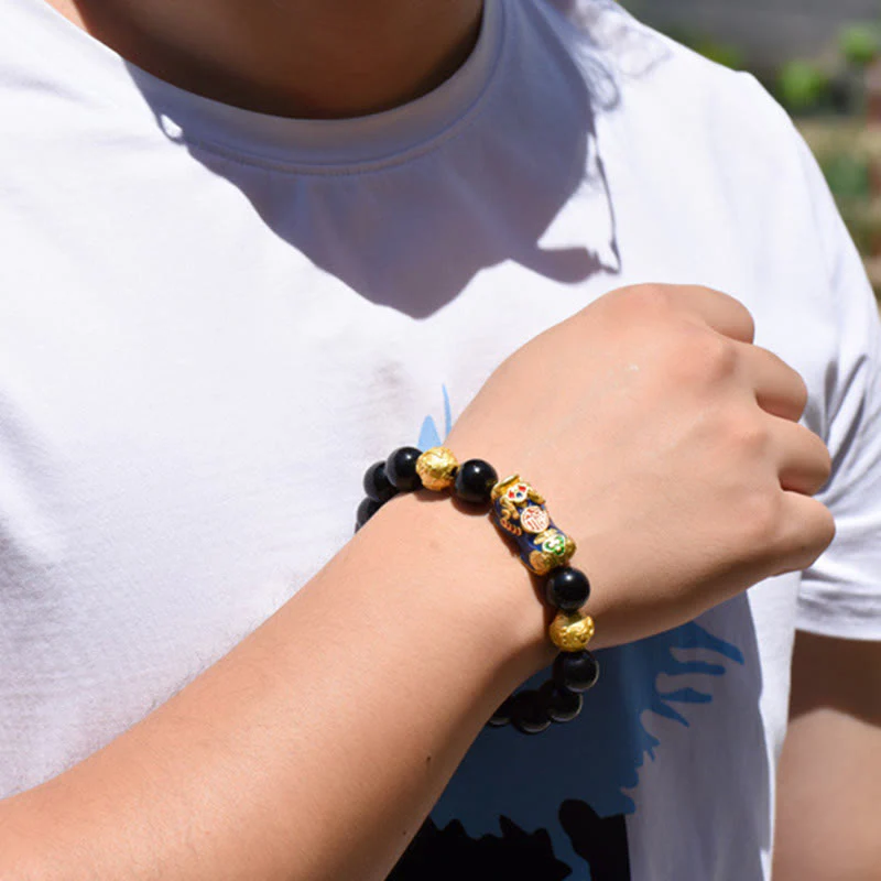 Buddha Stones Fengshui Copper Pixiu Rainbow Obsidian Beads Wealth Bracelet