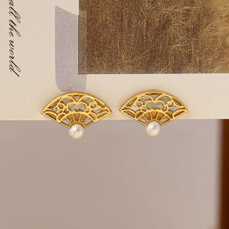 Buddha Stones 925 Sterling Silver Posts Fan Pattern Pearl Copper Wisdom Stud Drop Earrings