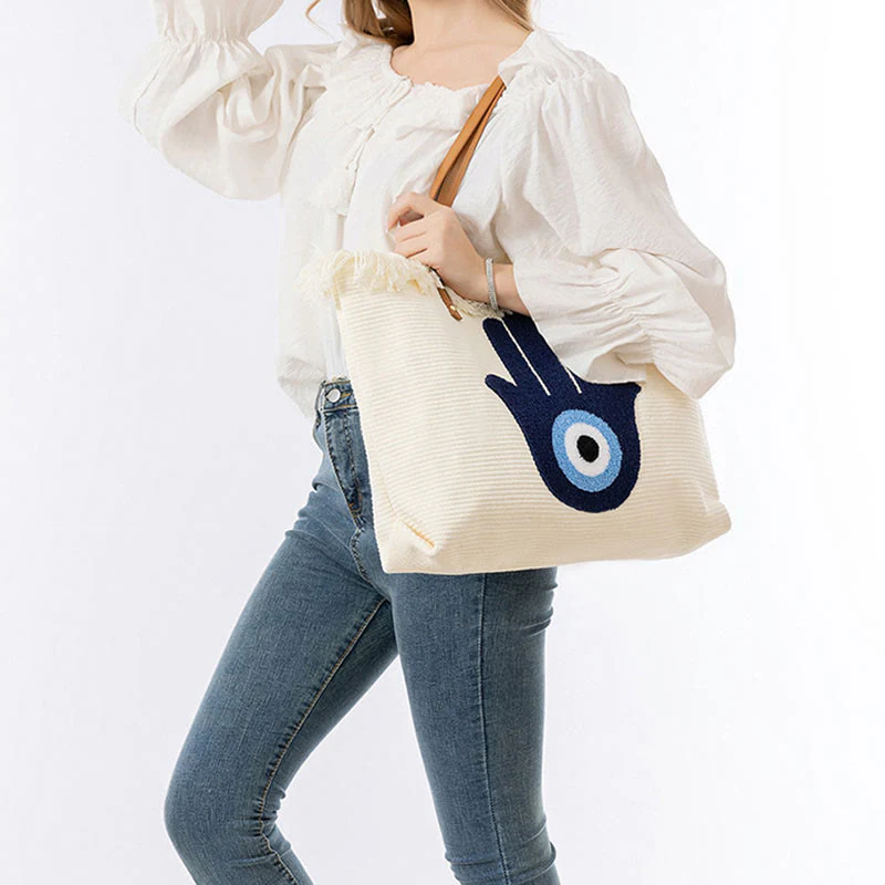 Buddha Stones Large Capacity Evil Eye Leaf Hamsa Tassel Canvas Tote Shoulder Bag