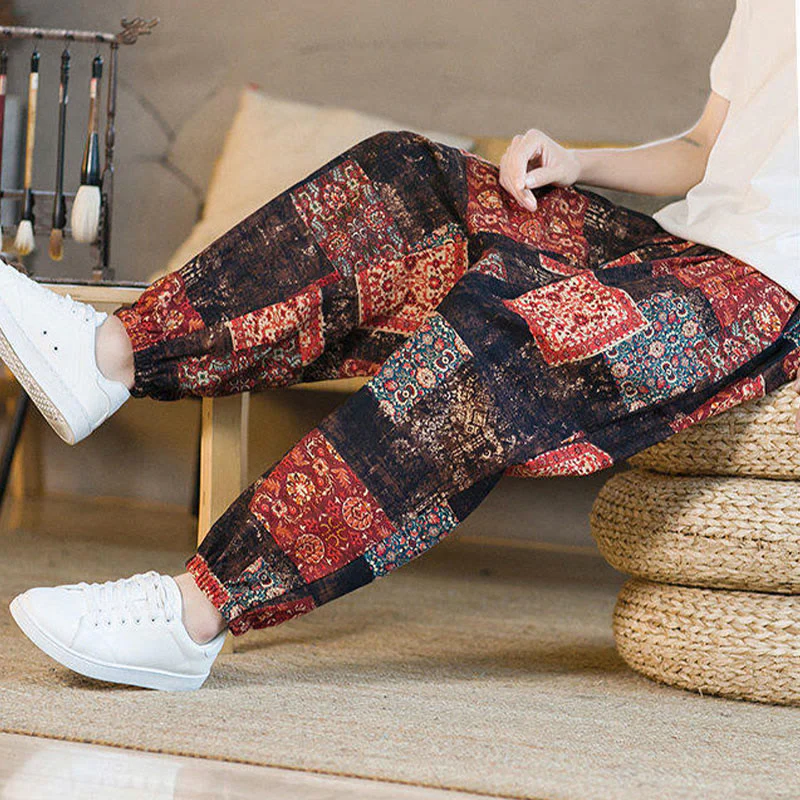 Buddha Stones Summer Square Patchwork Cotton Linen Men's Ankle-Length Harem Pants With Pockets