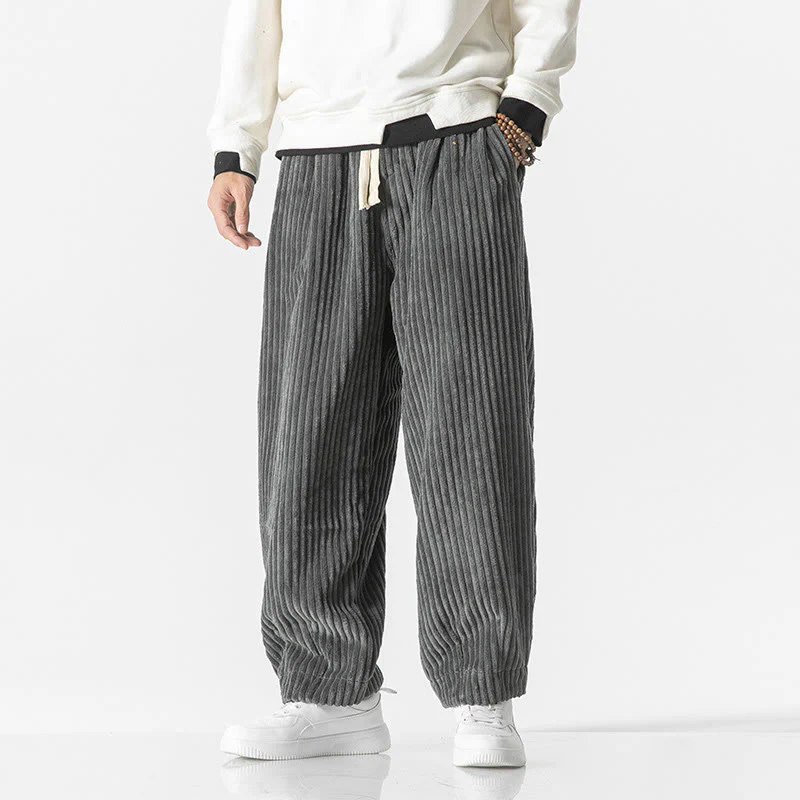 Buddha Stones Retro Winter Solid Color Men's Drawstring Corduroy Harem Pants With Pockets