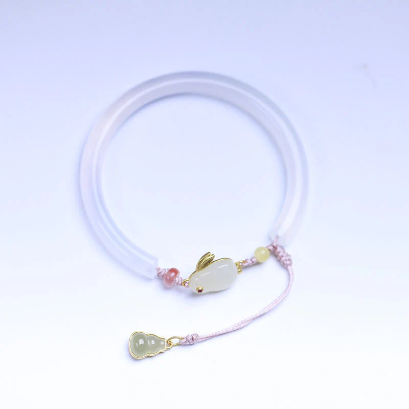 Buddha Stones Natural White Agate Hetian Jade Rabbit Positive Bracelet Bangle