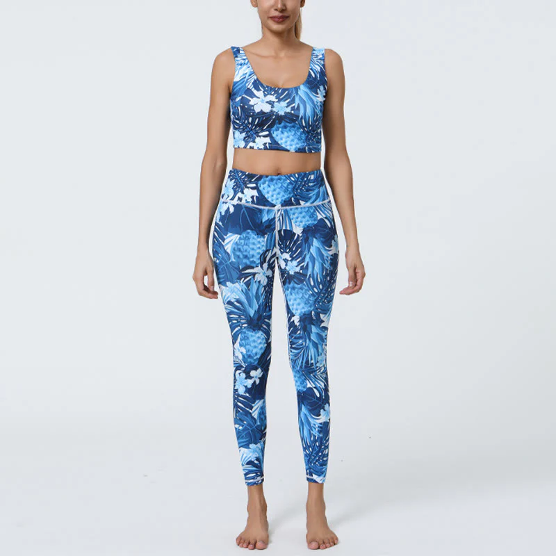 Buddha Stones 2Pcs Pineapple Grass Leaves Print Sports Fitness Crop Tank Bra High Waist Leggings Yoga Pants