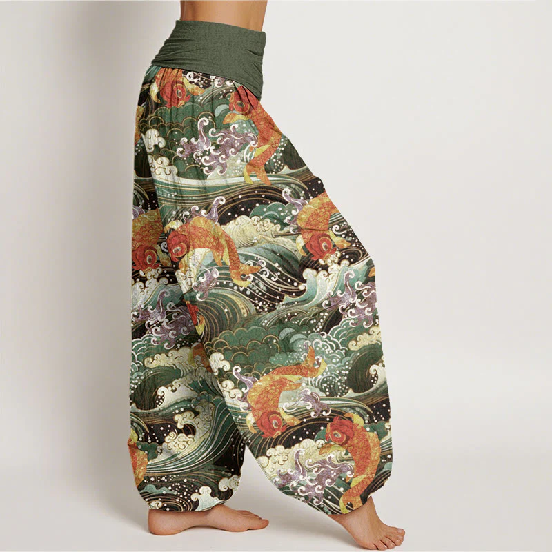 Buddha Stones Casual Koi Fish Ocean Waves Pattern Women's Elastic Waist Harem Pants