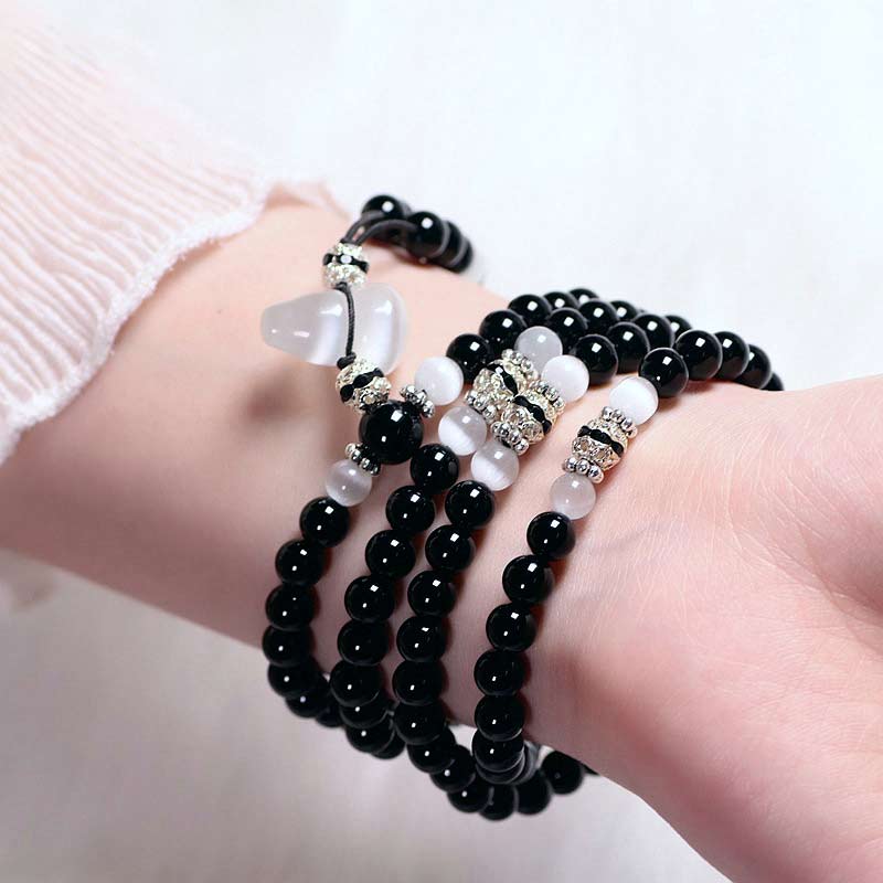 Buddha Stones Black Onyx White Crystal Bead Meditation Bracelet
