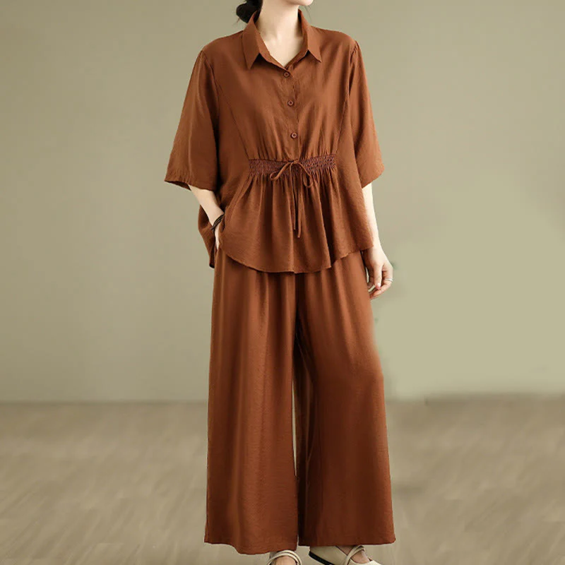 Buddha Stones 2pcs Casual Women's Stand Collar Shirt Loose Pants Meditation Clothing Set