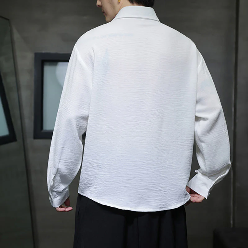 Buddha Stones Plain Buttons Stand Collar Long Sleeve Men's Cotton Shirt