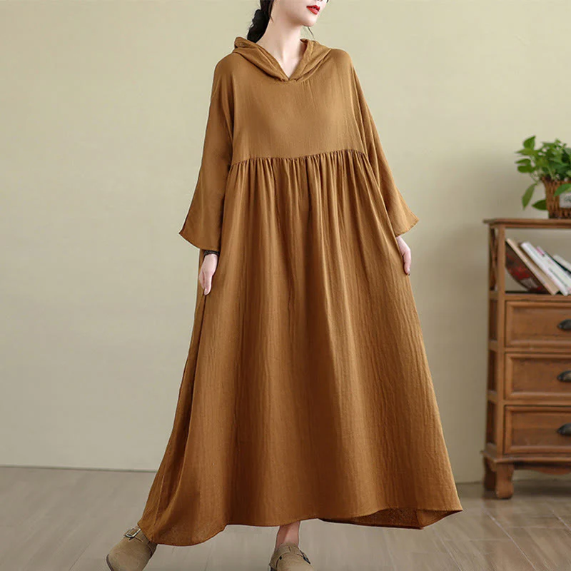 Buddha Stones Fall Hoodie Design Long Sleeve Cotton Linen Midi Dress With Pockets
