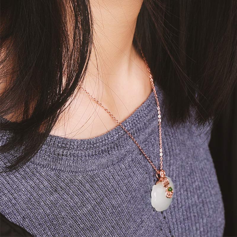 Buddha Stones 925 Sterling Silver White Jade Blessing Happiness Necklace Chain Pendant