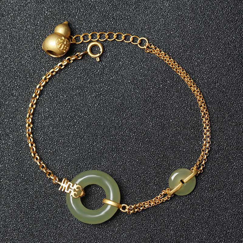 Buddha Stones Round Jade Peace Buckle Gourd Fu Character Auspicious Prosperity Chain Bracelet