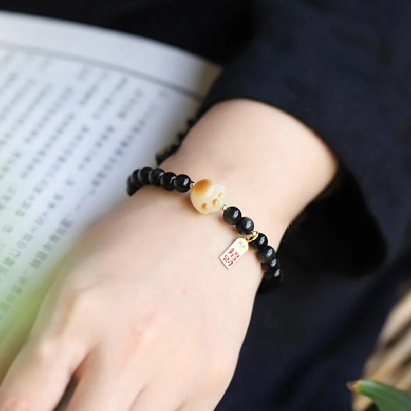 Buddha Stones Black Obsidian Cat Paw Bodhi Seed Lucky Fortune Charm Purification Bracelet