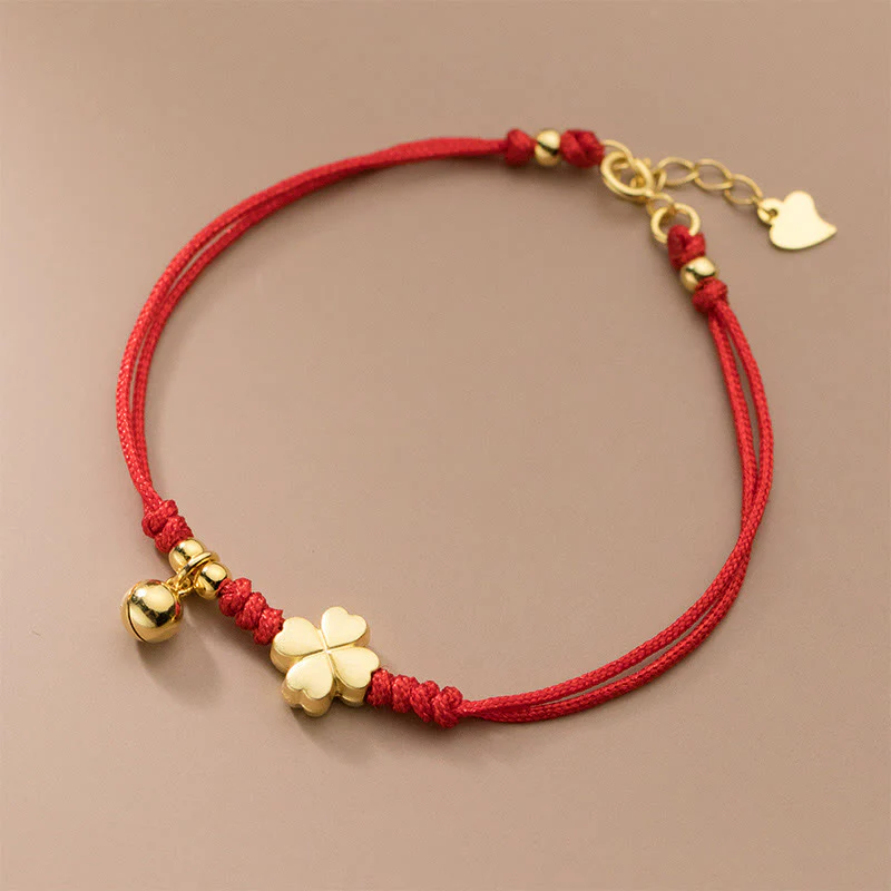 Buddha Stones 925 Sterling Silver Plated Gold Four Leaf Clover Red String Connection Bracelet