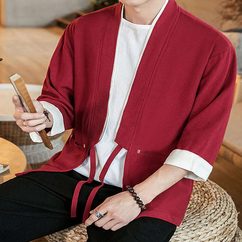 Buddha Stones Lace-Up Design Open Front Jacket Cotton Linen Men's Kimono With Pockets