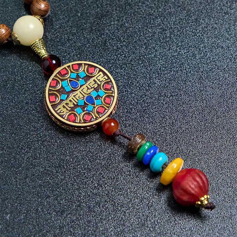 Buddha Stones Tibetan Handmade Coconut Shell Schima Wood Great Bright Mantra Copper Bead Balance Necklace Pendant