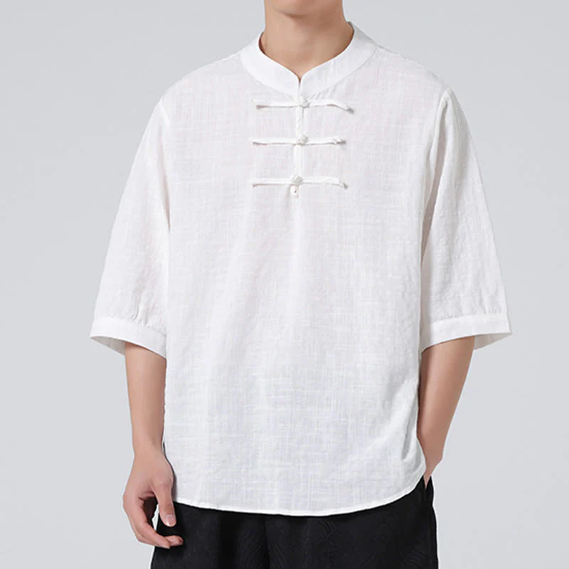 Buddha Stones Frog-Button Plaid Pattern Chinese Tang Suit Half Sleeve Shirt Cotton Linen Men Clothing