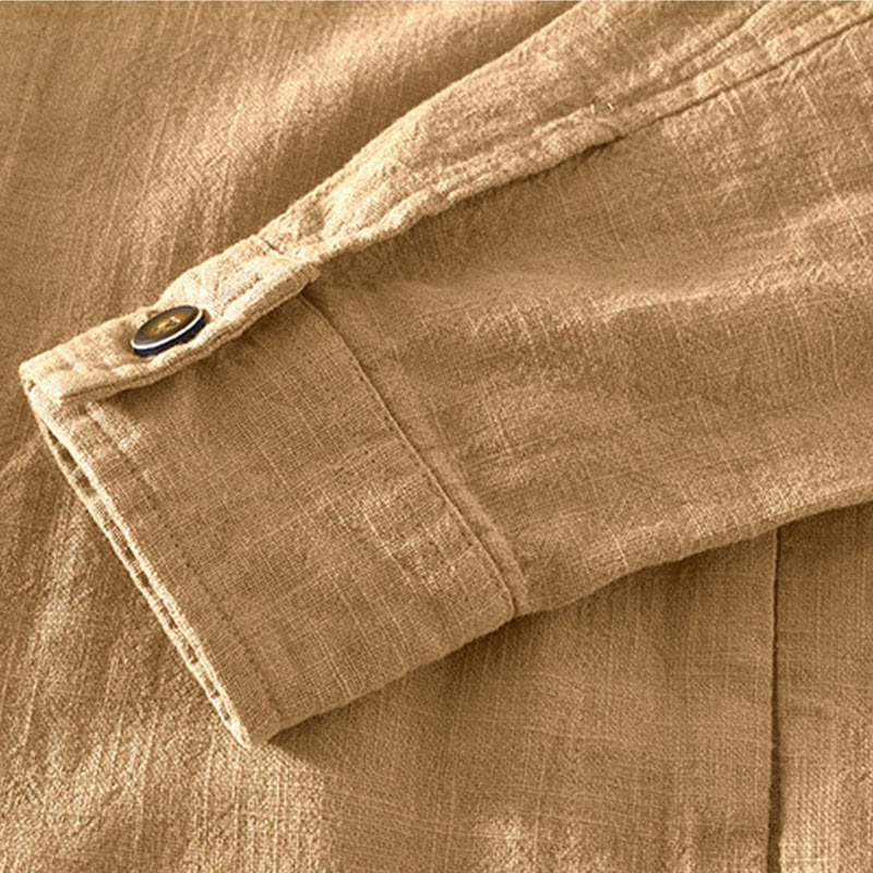 Buddha Stones Casual Plain Simple Buttons Design Men's Long Sleeve Ramie Linen Jacket With Pockets
