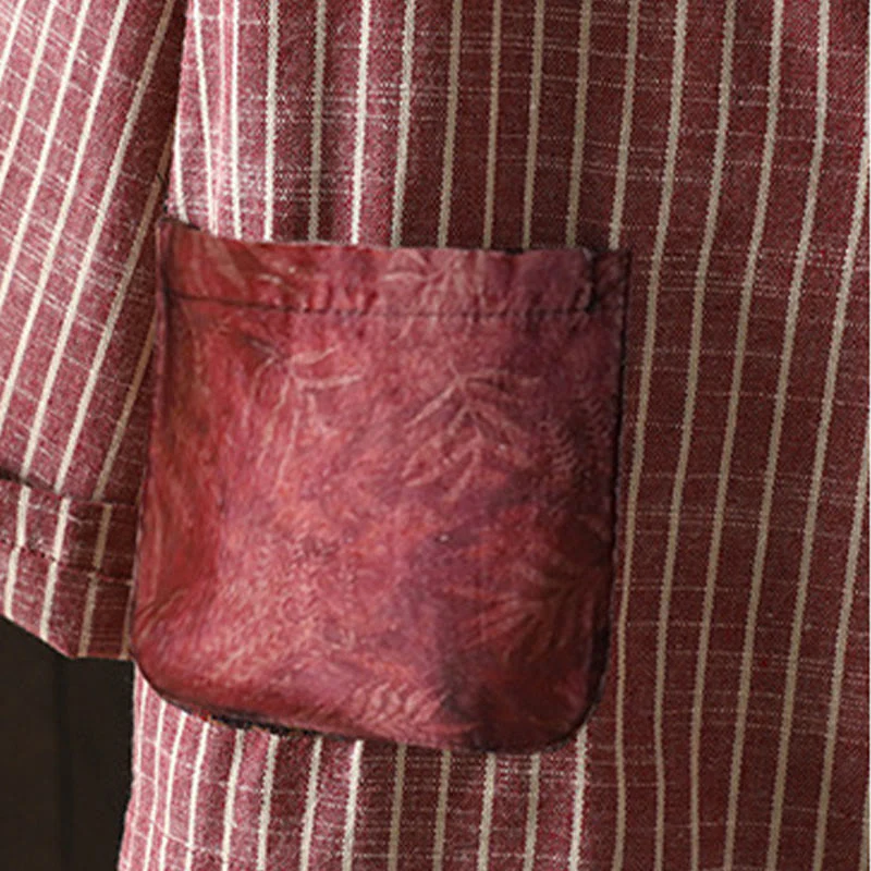 Buddha Stones Splicing Stripes Women's Cotton Linen Jacket With Pockets